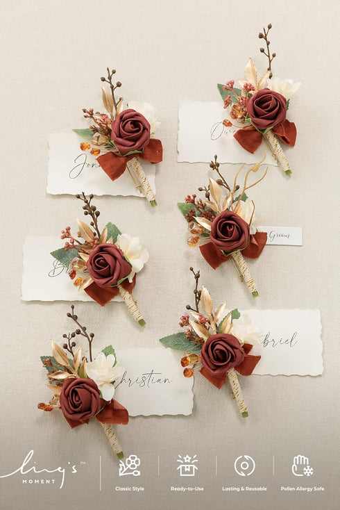 Ling's Moment 6pcs Boutonniere for Men, Artificial Flowers for Wedding Decor, Prom, Homecoming, Terracotta Orange