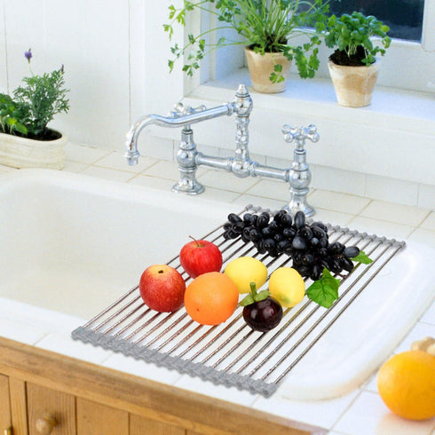 Roll Up Dish Drying Rack 20.5"x13.8" - Stainless Steel and Silicone Over The Sink Foldable Drain Rack, Gray