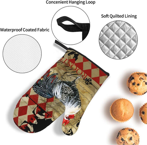 Rooster Print Oven Mitts and Pot Holders Set, 5 Pcs Heat Resistant Kitchen Mitten Gloves and Non-Slip Potholders