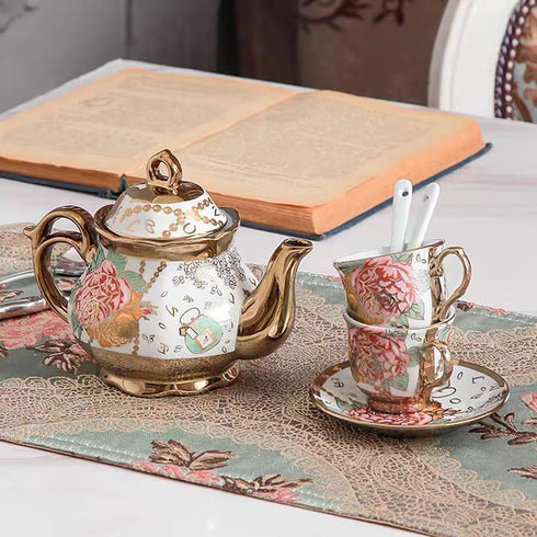 CHANJOON Set, Set 6 Gold Plated Red Rose Ceramic Tea Vintage Teapot, Beautiful Tea Coffee Serving People (Golden