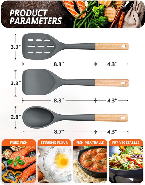 Pack of 3 Silicone Spatula, Non Stick Cooking Utensil Set, Wooden Handle Kitchen Turner for Baking Mixing Grilling Serving Food Heat Resistant, Grey by Badiano