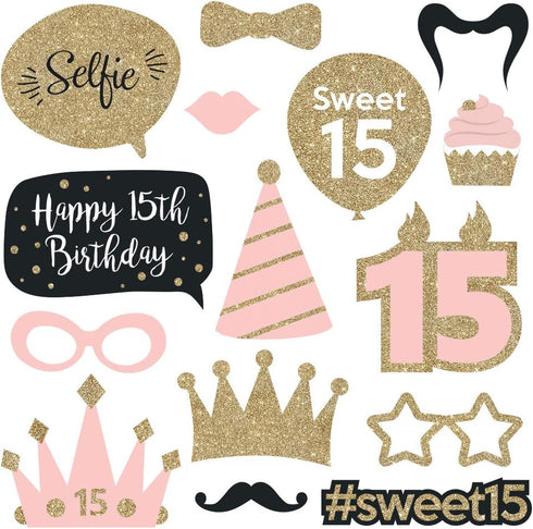 Fully Assembled Sweet 16 Birthday Photo Booth Props, Set of 30, Pink & Gold Selfie Signs, 16th Party Supplies