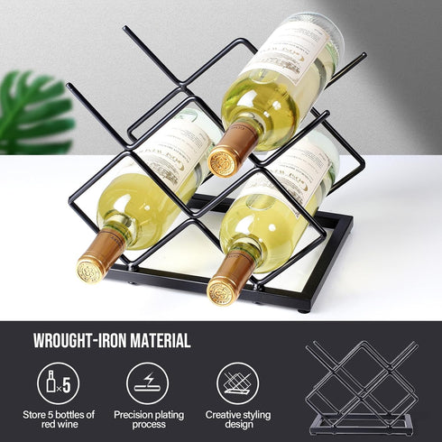 Countertop Wine Rack - 5 Bottle Freestanding Modern Gold Metal Small Wine Holder for Cabinet, Pantry