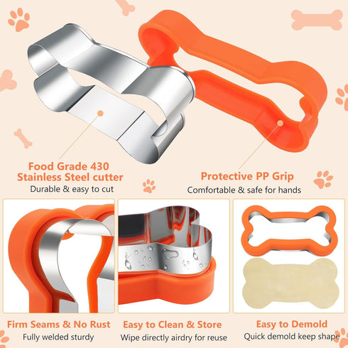 Dog Cookie Cutters Set, 3 Piece Stainless Steel Dog, Bone, and Paw Print Cookie Mold for Homemade Treats