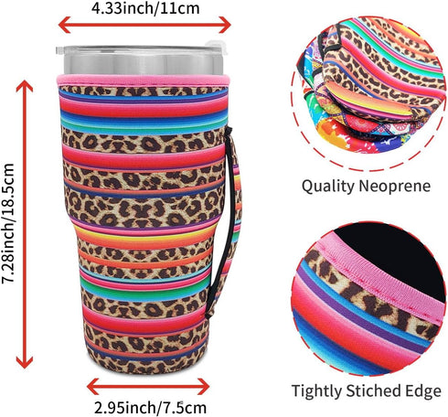 Reusable Iced Coffee Cup Sleeve, Neoprene Insulated Sleeves for 30oz - 32oz Tumbler Cups, Rainbow-Leopard