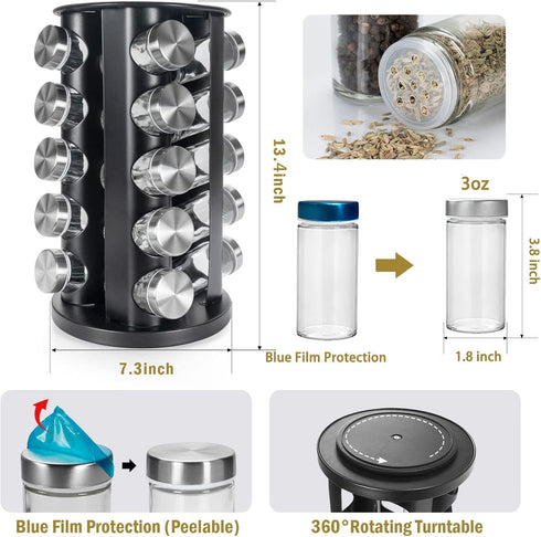 Countertop 20-Jars 135 Set, Countertop, Tianifa Black Revolving Spice Rack, Empty Rotating Spice Rack Organizer, Round