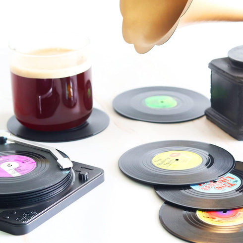 Funny Retro Vinyl Record Coasters for Drinks, Set of 6 with Vinyl Record Player Holder for Music Lovers, Gift Ideas