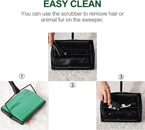 Yocada Carpet Sweeper Cleaner for Home Office, Low Carpets, Pet Hair Dust Scraps Cleaning with Brush - Green