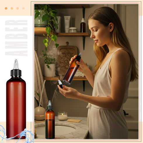 12 (8 oz,Amber) Barydat Pcs Squeeze Bottle Twist Top Applicator Empty Hair Oiling Bottle with Funnels Refillable