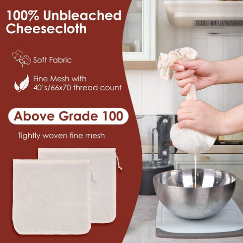 SANTOW 2 Pack 12"x12" 100% Nut Milk Bag, Natural Cheesecloth Bag, Unbleached Cotton Cloth Bag Drawstring Filter
