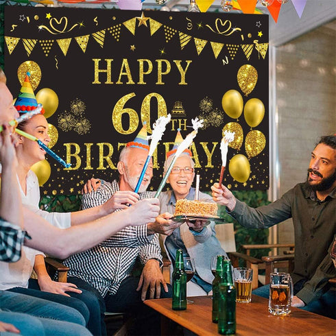 Trgowaul 60th Birthday Backdrop - Gold and Black 5.9 x 3.6 Fts Happy Birthday Party Decorations Banner