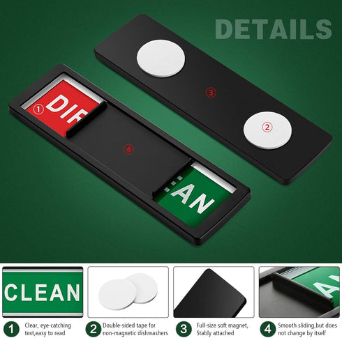 Dishwasher Magnet Clean Dirty Sign, Non-Scratching Strong Magnet or Adhesive Options Indicator for Dishes (Black)