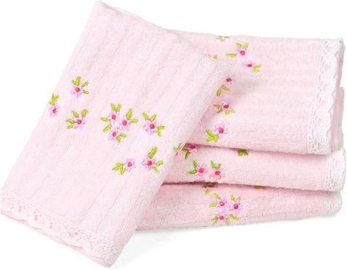 Jacquotha Pink Washcloths 4 Pack (Floral Embroidered), Soft Wash Cloths for Face,
