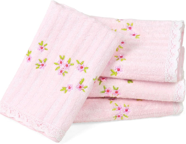 Jacquotha Pink Washcloths 4 Pack (Floral Embroidered), Soft Wash Cloths for Face,