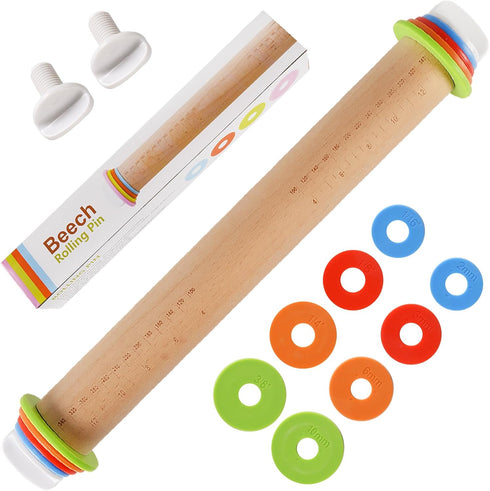 Wood Rolling Pin with 4 Adjustable Thickness Rings, Non-stick Dough Roller, 17 Inch Pizza Roller for Baking