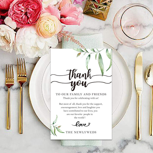Giftideaworkshop 50 Wedding Reception Thank You Cards, Greenery Table Place Setting Cards, 4x6 inch