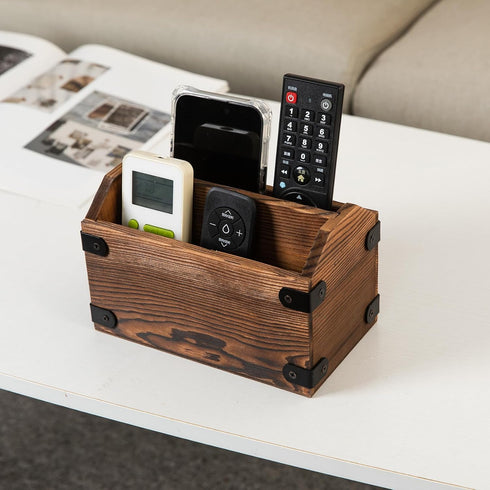 Brown Torched Wood Remote Control Organizer, Two Compartment Holder for TV, Game Consoles, Cell Phone, Kitchen