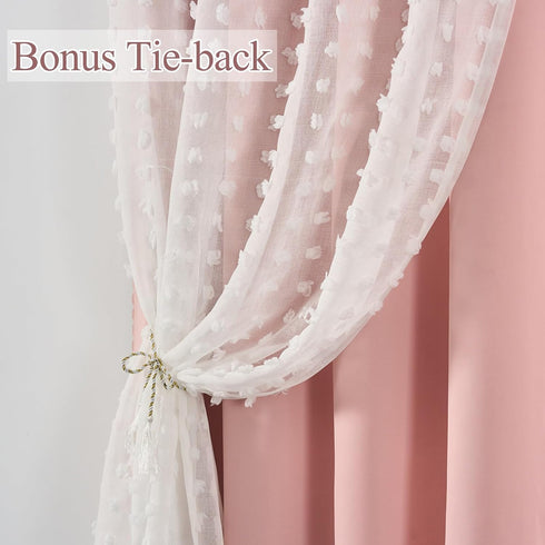 84 Inches 1 Pink Blackout Curtain for Girls Bedroom Long Panel, Double Layered Curtain with Pom Pom White Sheer