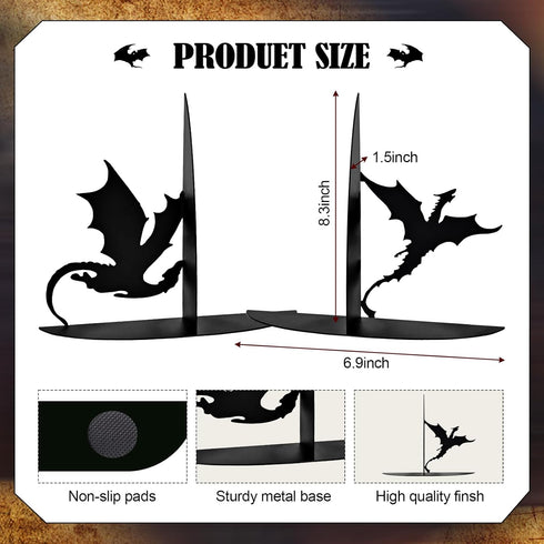Nichake Metal Dragon Bookends Stoppers Holder Stand for Desk Shelf Cool Dragon Book Ends Decorative, Fantasy Dragon