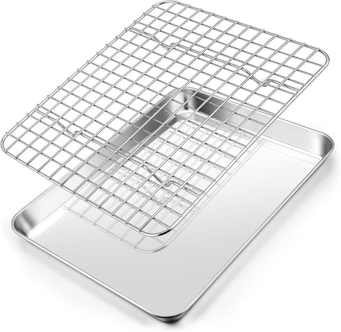 Joyfair 10.4 Inch Baking Pan with Rack Set, Stainless Steel Rectangular Toaster Oven Cookie Pan with Cooling Rack