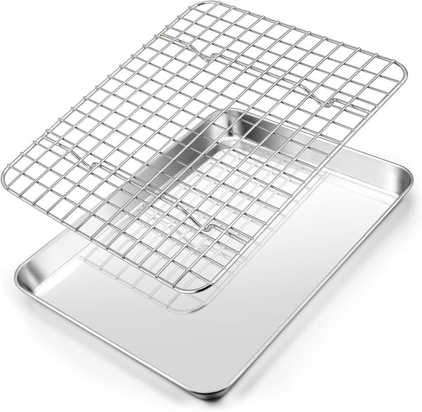 Joyfair 10.4 Inch Baking Pan with Rack Set, Stainless Steel Rectangular Toaster Oven Cookie Pan with Cooling Rack
