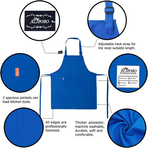 Kids Apron and Chef Hat Set, Adjustable Bib Apron with 2 Pockets for Cooking and Baking (6-12 Year, Blue)