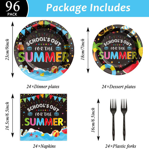 96 Set Summer 24 Pieces End of School Year Theme Tableware for Kids Class Table Decorations Supplies School's Out