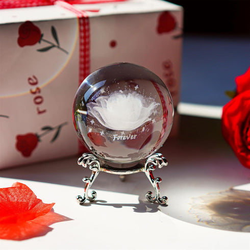 HDCRYSTALGIFTS 60mm 3D Inner Carving Rose Flower Crystal Ball Paperweight with Silver Stand for Home Decor