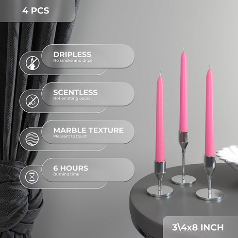 CANDWAX 8 inch Pink Taper Candles - Set of 4 Dripless and Smokeless Unscented Slow Burning Candle Sticks