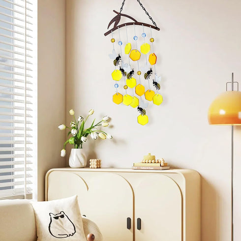 X-PREK 23" Bees Wind Chimes for Outside, Unique Stained Glass Garden Decor, Windchimes Outdoors Suncatcher Gift for