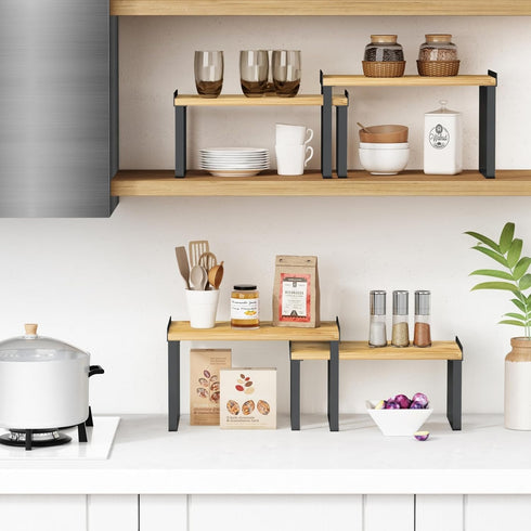 Kitchen Cabinet Organizer Shelves, Set of 4 Expandable Counter Shelf Rack for Plates, Dishes, and Mugs (Bamboo, Black)