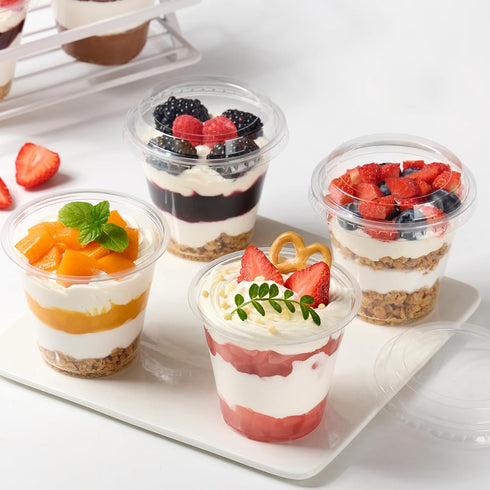 50 Pack 9 oz Plastic Dessert Cups with Lids, Small Plastic Yogurt Parfait Cups, Mini Round Party Serving Cup