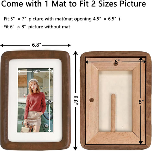 RRQKMBO 6x8 5x7,Rounded Natural Dark Walnut Solid Wood Picture Frames, Hand Make Crafted Original Wood Frame with Mat
