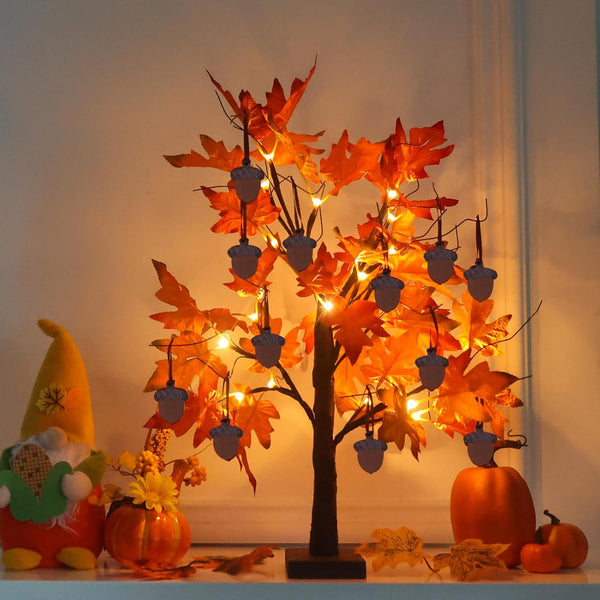YEAHOME 24” Lighted Fall Maple Leaves Tree, 2FT Autumn Decor with 24LT Warm White LEDs, 12 Wood Acorns Ornaments,