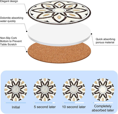 Set 6 4 inches Baalaka Drink Coasters of with Holder, Ceramic Absorbent Coaster for Drinks, Boho Coasters with Cork