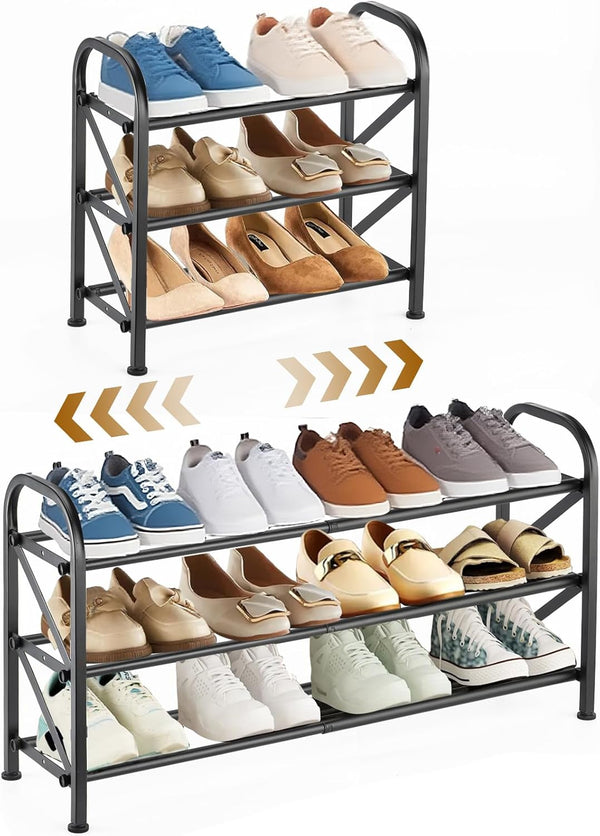 3-Tier Expandable Shoe Rack for ClosetAdjustable Shoe RackBlack Metal Free Standing Shoe