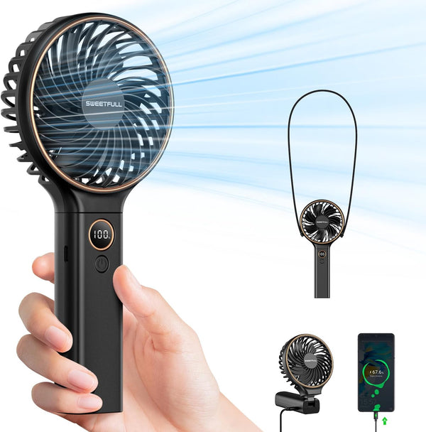 SWEETFULL Handheld Fan, Portable Fan, 5000mAh Rechargeable Battery, 6 Speed Wind, Mini Travel Fan with Backup Power