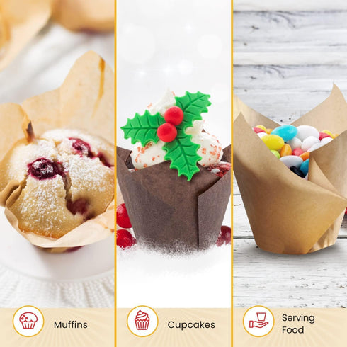 Tulip Cupcake Liners - 200pcs Muffin Liners for Baking, Sturdy, Greaseproof, Easy to Use, Beige White Brown