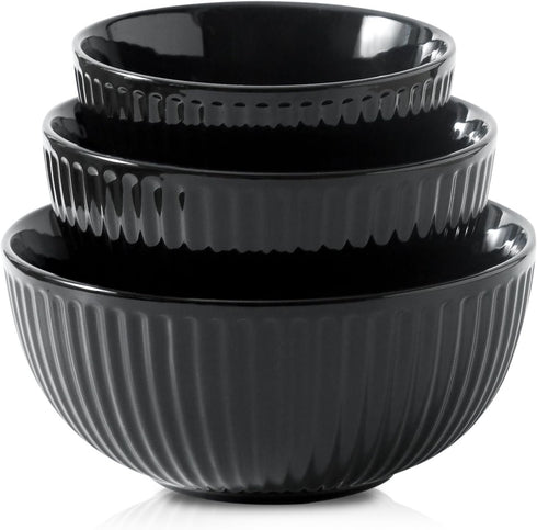 Hasense Mixing Bowls Set of 3, Large Ribbed Black Bowls 1.5/1/0.5 Qt for Kitchen, Cooking, Baking & Serving