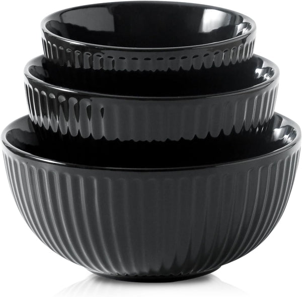 Hasense Mixing Bowls Set of 3, Large Ribbed Black Bowls 1.5/1/0.5 Qt for Kitchen, Cooking, Baking & Serving