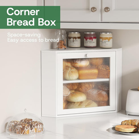 kiplant Countertop 2-Layer Corner Bread Box for Kitchen - Bamboo Wood, Wavy Acrylic Door, White Adjustable Bread