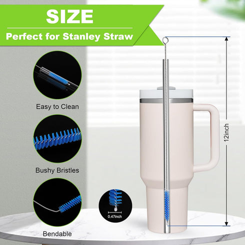 12 Inch (8-Pack) 2 40 oz Straw Cleaner Brush for Stanley, Extra Long Straw Brush Cleaner Includes Reusable Glass Straws