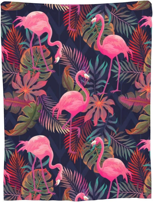 Perinsto 50"X40" Tropical Flamingos with Palm Leaves Throw Blanket Ultra Soft Warm All Season Decorative Fleece