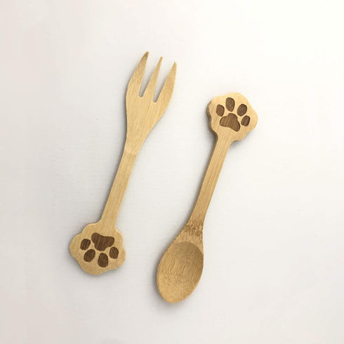 Set of 2 Doggy Paw Themed Bamboo Spoon and Fork Set for Kids | Appetizer Fruit Dessert Ice Cream Yogurt Spice Salt Sugar Spoon and Fork by JB Home Collection