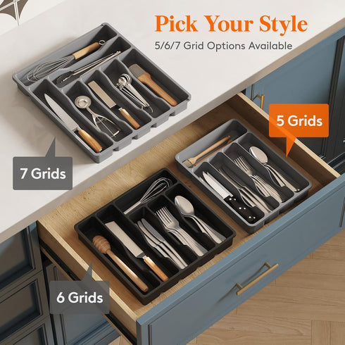 Lifewit Silverware Drawer Organizer Tray, Plastic Cutlery Storage for Kitchen Drawer, 5 Compartment Divider