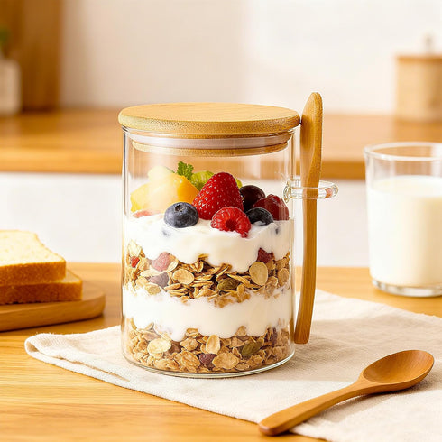 Npmkx 2pack Overnight Oats Containers With Lids and Spoons, Glass Jars with Bamboo Lids, Leak-Proof Overnight Oats Jars