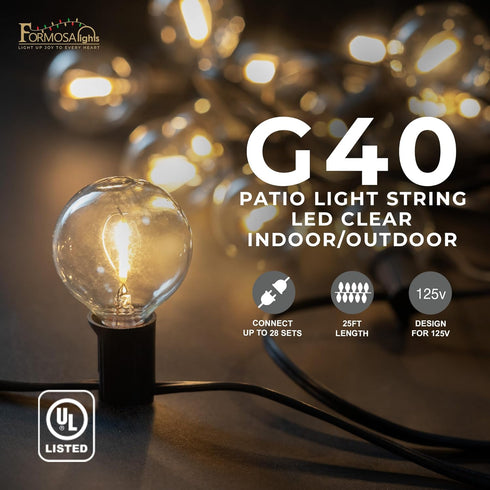 26ft 25 Bulbs,G40 Bulbs, Formosa Indoor/Outdoor Clear LED Christmas String, Patio Light with Retro Round Waterproof