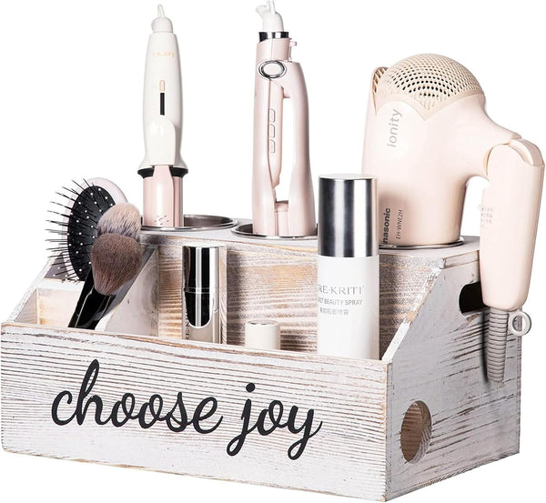 Wooden Hair Dryer Holder, Hair Tool Organizer with 3 Circular Holes and 3 Compartments for Hair Accessories, Curling
