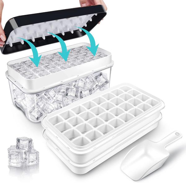 Ice Cube Trays with Lid & Bin, 64 pcs Ice Cubes, Easy Press Release, 2 Trays, 1 Ice Bucket & Scoop, Black