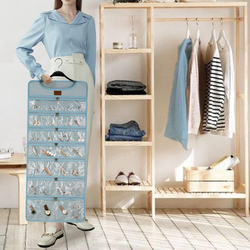 SMRITI Hanging Jewelry Organizer, Dual Zippered Pockets, Canvas Double Sided Rotating Hanger (Light Blue)